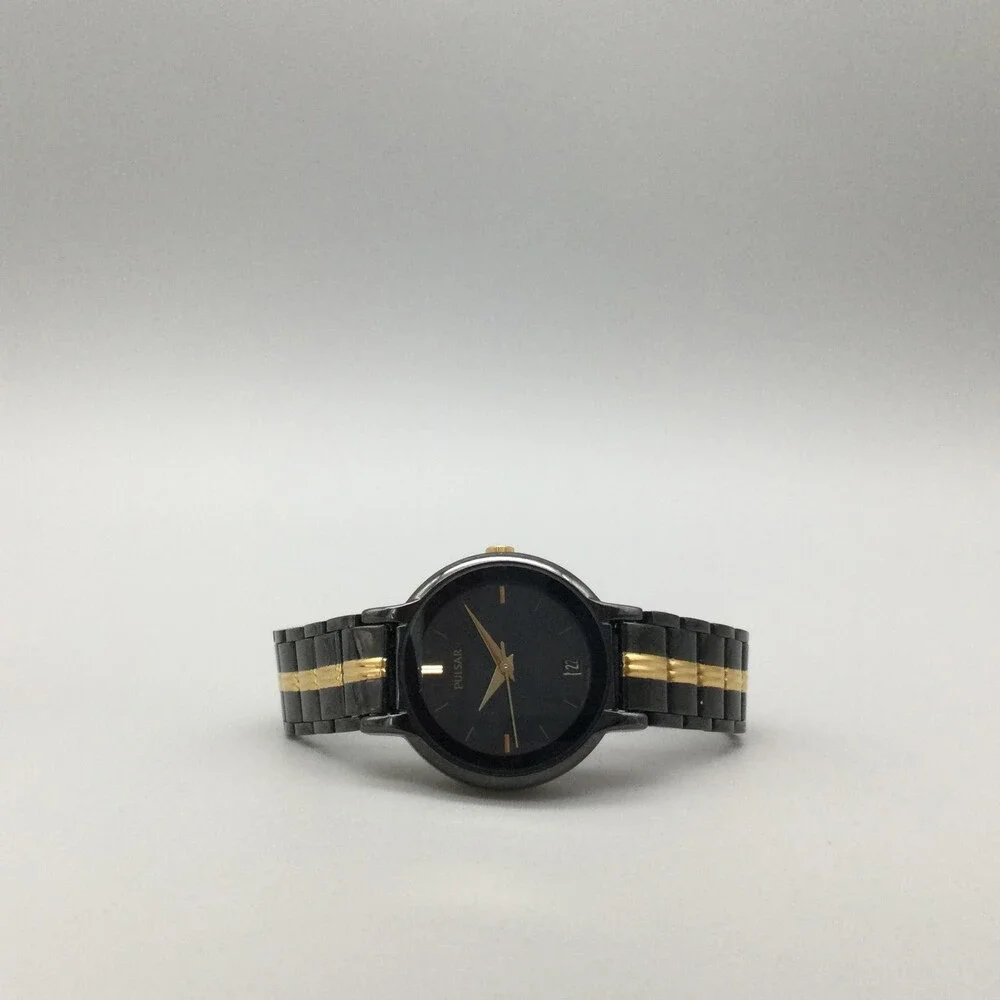 Pulsar Womens Watch 24mm Black Gold Tone Bracelet Date V722-0590 New Battery 7